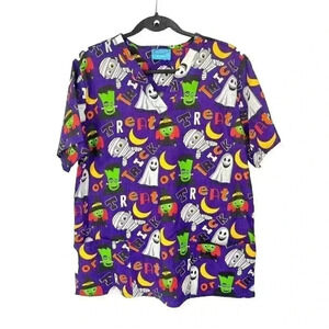 The Scrub Co Sz Large Halloween Scrub Top Ghost Witch Mummy Trick Or Treat Moon